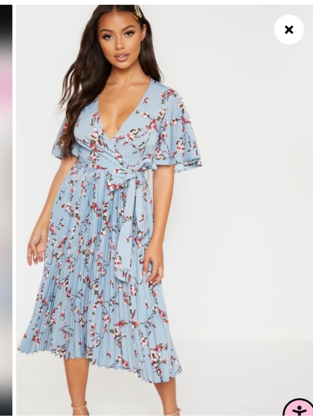PrettyLittleThing dusty blue Floral Wrap Midi Dress with Tie Waist